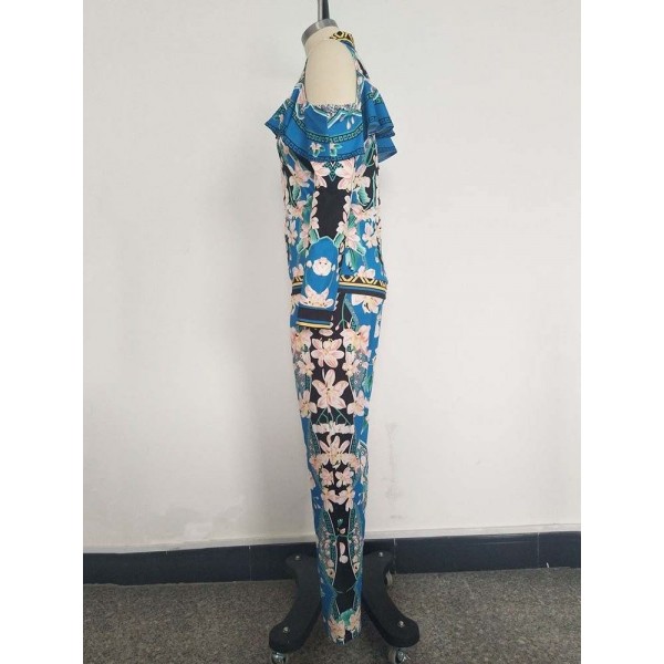 Contrast Floral Zipper Suit