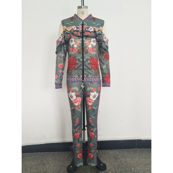 Contrast Floral Zipper Suit