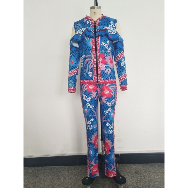 Contrast Floral Zipper Suit