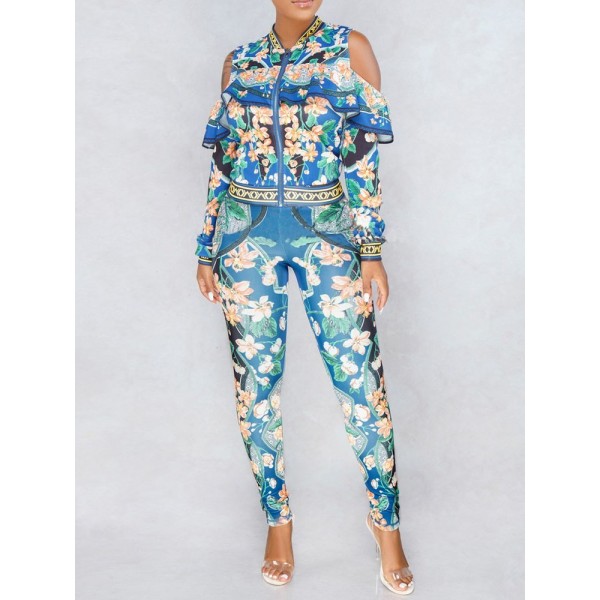 Contrast Floral Zipper Suit