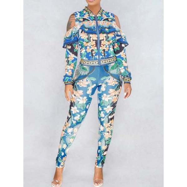 Contrast Floral Zipper Suit