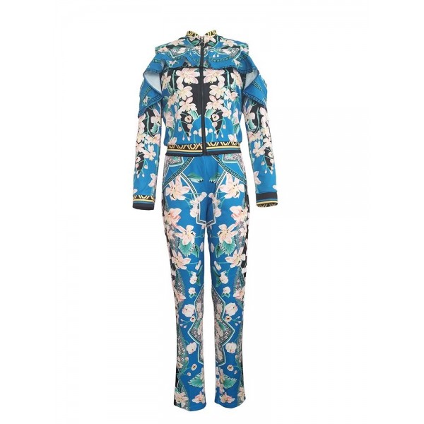 Contrast Floral Zipper Suit
