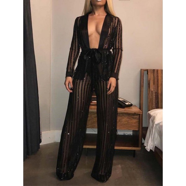 Double V Neck Solid Color Strappy Suit