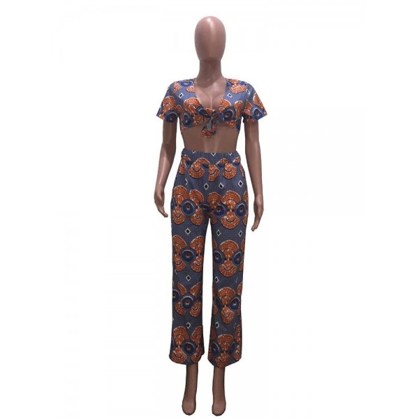 Double V Neck Floral Lace-Up Suit