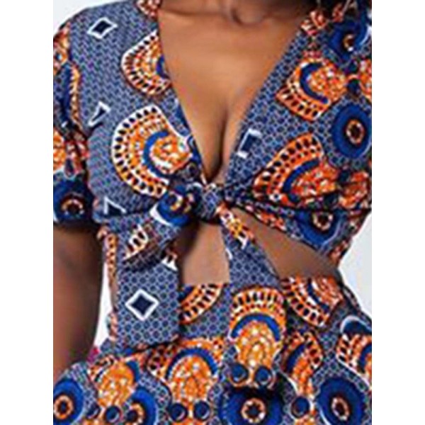 Double V Neck Floral Lace-Up Suit