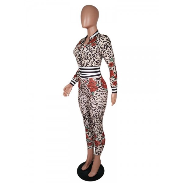 Leopard Floral Zipper Suit