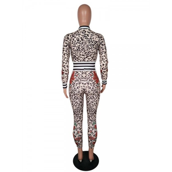 Leopard Floral Zipper Suit