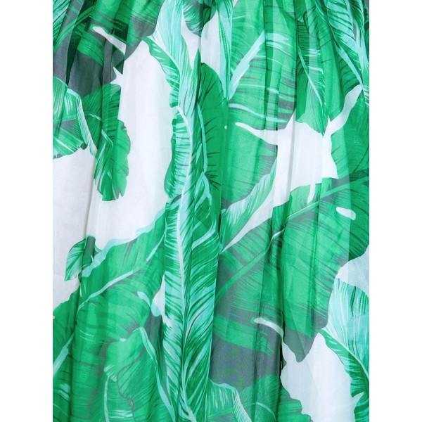 Plus Size Boho High Waist Leaf Print Maxi Skirt With Pockets