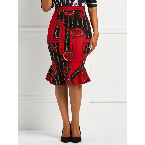 Geometric Print Falbala Patchwork Color Block Skirt