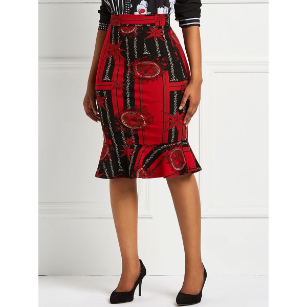 Geometric Print Falbala Patchwork Color Block Skirt