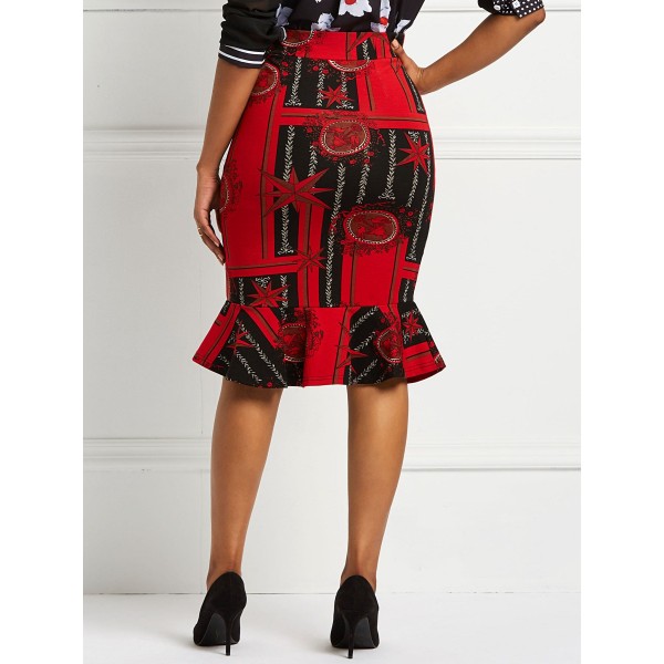 Geometric Print Falbala Patchwork Color Block Skirt