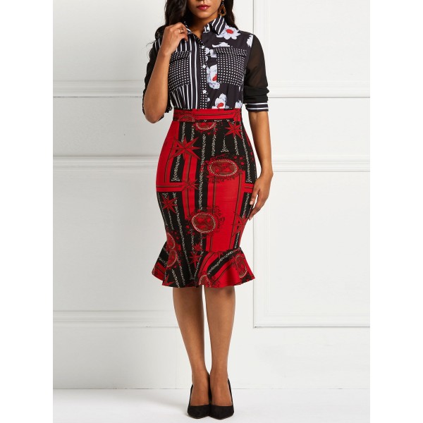 Geometric Print Falbala Patchwork Color Block Skirt