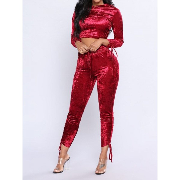 2 Pieces Women Sexy Hooded Top + Pants Suits
