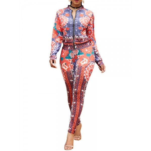 Long Sleeve Asymmetric Floral Print Zipper Suits