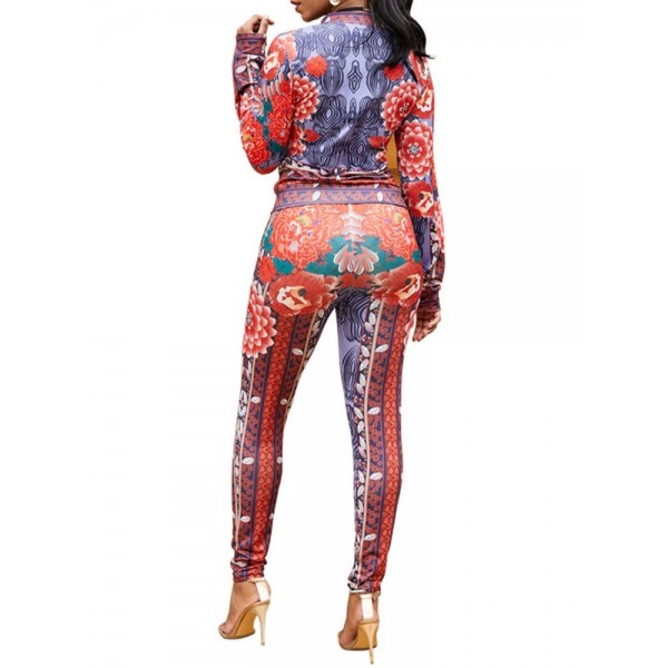 Long Sleeve Asymmetric Floral Print Zipper Suits
