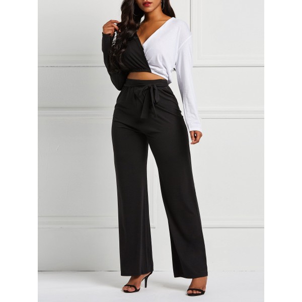 Color Block V-Neck Wide Legs Suit