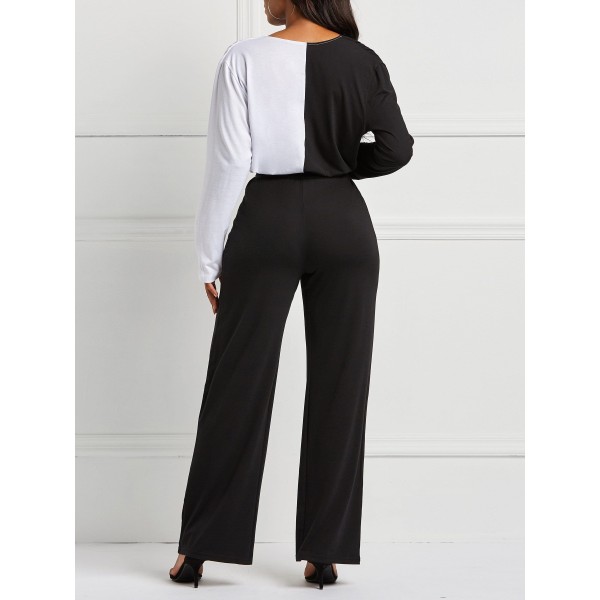 Color Block V-Neck Wide Legs Suit
