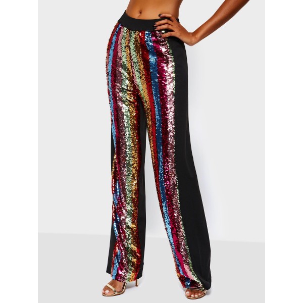 Color Block Sequins Loose High-Waist Full Length Casual Pants