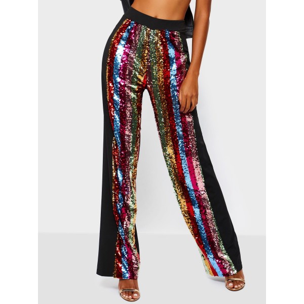 Color Block Sequins Loose High-Waist Full Length Casual Pants
