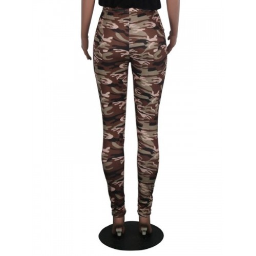 Camouflage Worn Slim Mid-Waist Full Length Casual Pants