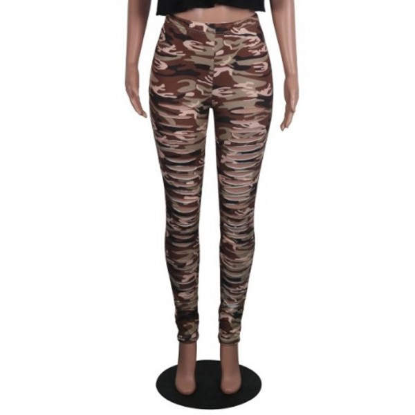 Camouflage Worn Slim Mid-Waist Full Length Casual Pants