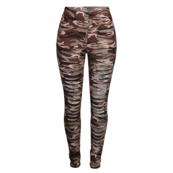 Camouflage Worn Slim Mid-Waist Full Length Casual Pants